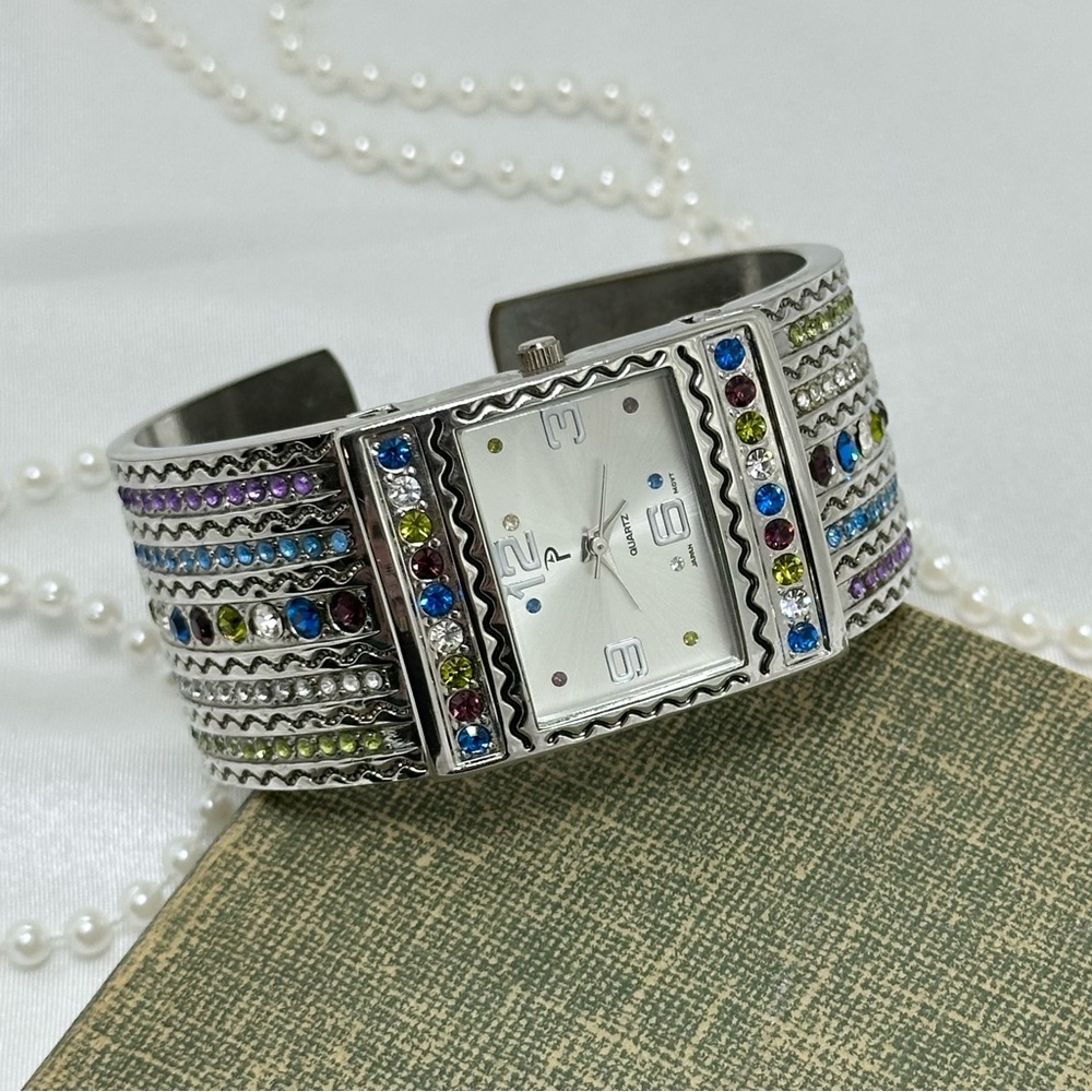 Silver Multicolor Gemstone Cuff Watch